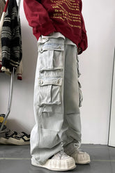 Light Blue Cargo Multi Pockets Jeans Pants